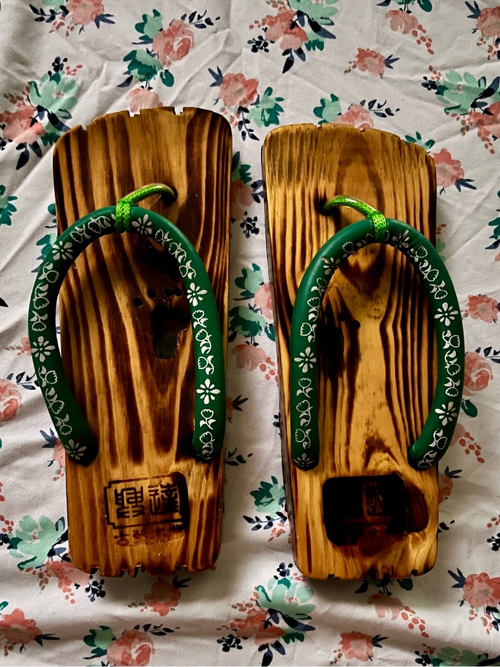 Wooden Geta Sandals with Green Floral Thongs